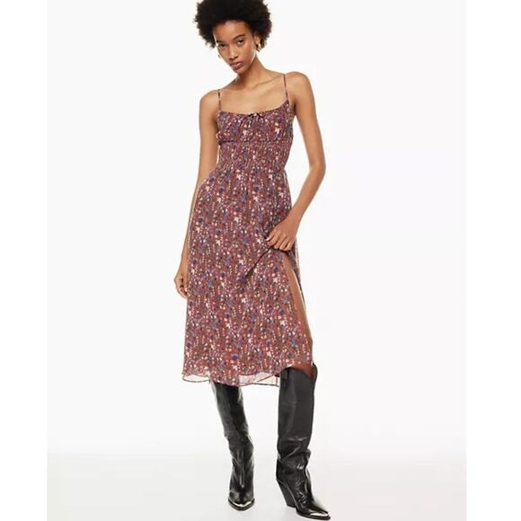 [Wilfred] Genoa Midi Dress Warm Siena Floral Print Cami Milkmaid Slit Sz Large L - Picture 1 of 12